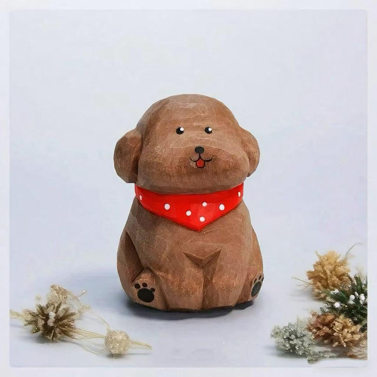 Cute Wood Teddy Dog Figurine, 2.7'Handmade Carved Brown Teddy Statue with Base, Unique Pet Dog Figure Collectibles Home Decor, Gift for Pet Lover