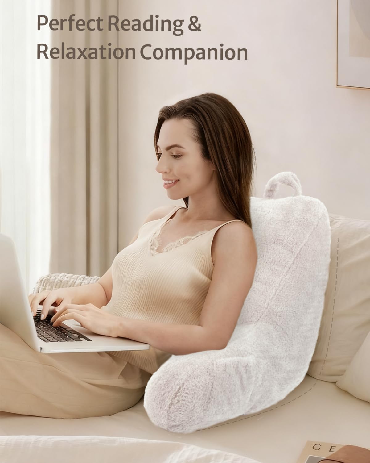 Blissful Diary Plush Velvet Reading Pillow for Kids/Teens/Adults, Back Rest Pillow for Sitting Up in Bed with Shredded Memory Foam, Includes Arms and Washable Cover, Pure White