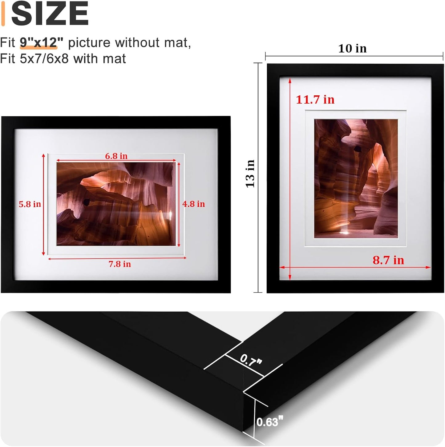 Egofine 9x12 Picture Frames Set of 4, Made of Solid Wood Covered by Plexiglass 5x7 and 6x8 with Mat or 9x12 without Mat, for Table Top Display and Wall Mounting Photo Frame Black