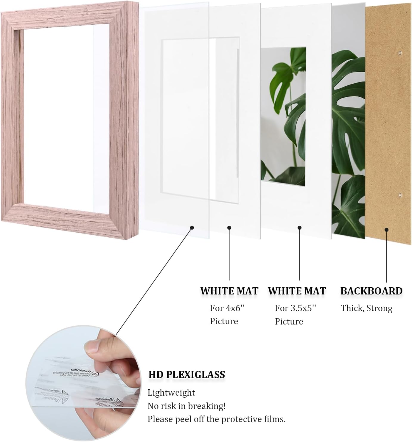 Egofine 4x6 Picture Frames Set of 4, Made of Solid Wood Covered by Plexiglass 3.5x5 with Mat or 4x6 without Mat, for Table Top Display and Wall Mounting Photo Frame Peach Pink