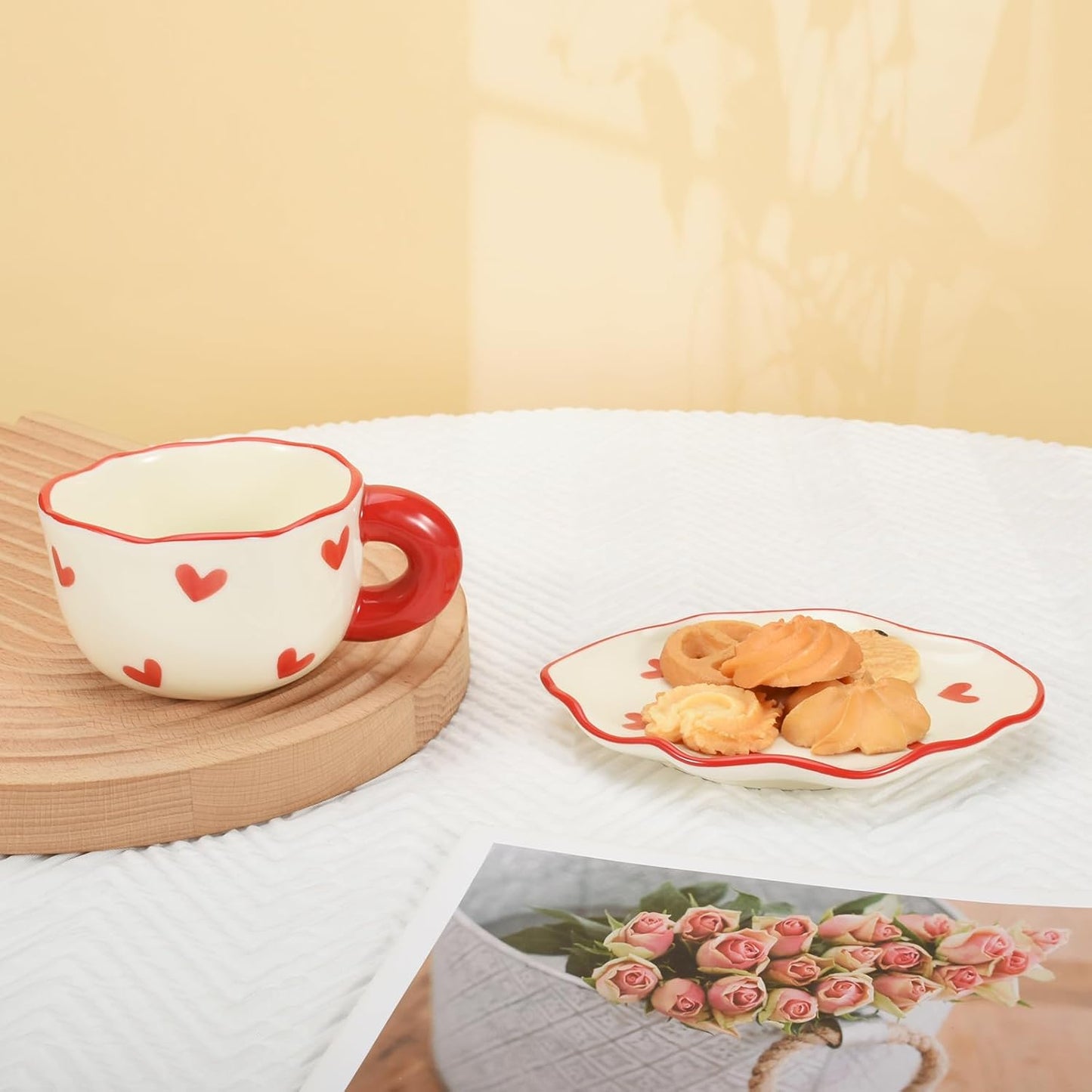 Koythin Ceramic Coffee Mug Saucer Set, Cute Creative Cup with Heart Pattern Saucer Design for Office and Home, Dishwasher and Microwave Safe, 6 oz/180 ml for Latte Tea Milk (Red Heart)
