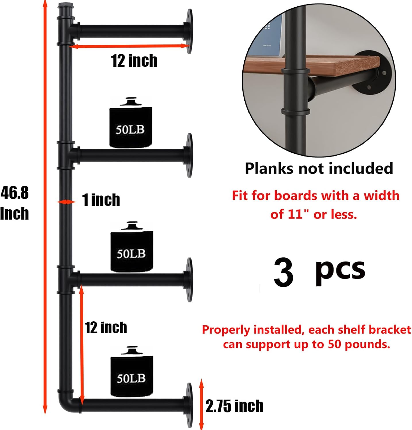 Industrial Pipe Shelf Brackets Wall Mount, Open Black Pipe Shelving for Kitchen,Floating Shelf Brackets Mount,Open Bookshelf Brackets for Shelves,Wall Shelves 12 Inch Deep,(2PcsX3Tier,47" Tal)