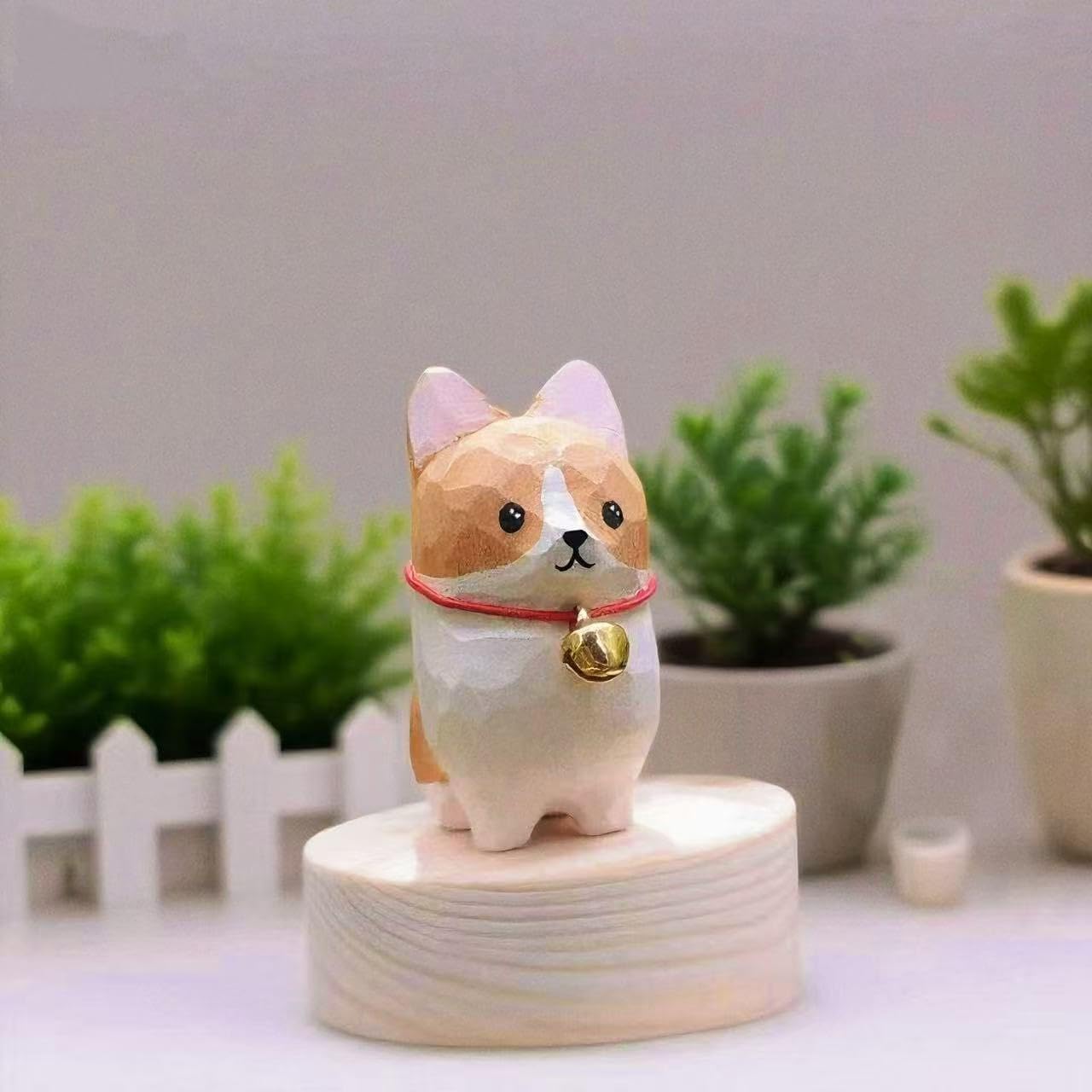 Handmade Wooden Corgi Figurine – Small 1.4" Carved Dog Statue with Round Base, Cute Desk or Shelf Decor, Unique Collectible Pet Memorial and Thoughtful Gift for Dog Lovers