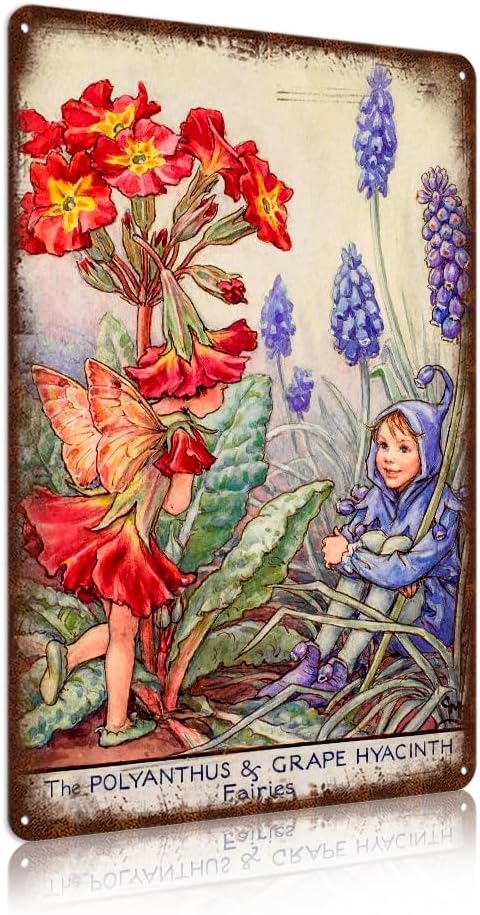 Flower Fairy Wall Decor Vintage Metal Tin Signs Fairy Garden Accessories - The Polyanthus and Grape Hyacinth