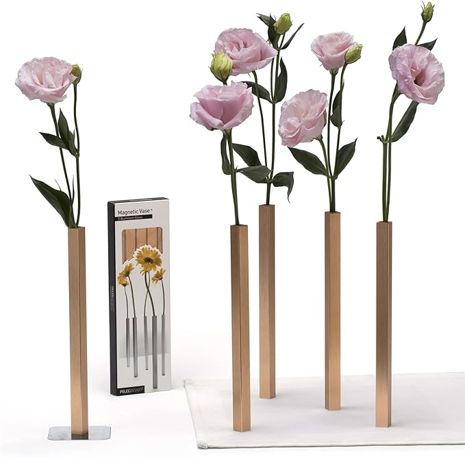 PELEG DESIGN Magnetic Flower Vase - Unique and Modern Set of 5 Gold Aluminum Vases for Home Garden Décor | 9.4 x 0.6 x 0.6 inches | Suitable for Both Real and Artificial Flowers