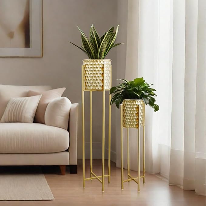TRIROCKS Set of 2 Planters with Stand Indoor Outdoor Metal Gold Planters for Indoor Plants 30 &40" Tall Morden Planters Flower Pots for Living Room Corner Kitchen Office Garden Balcony Patio Decor