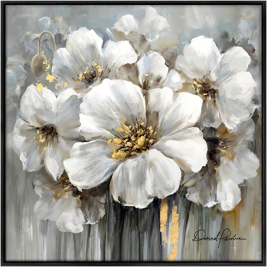 Framed Flowers Canvas Wall Art, 32W x 32H inch, White Floral and Black Frame
