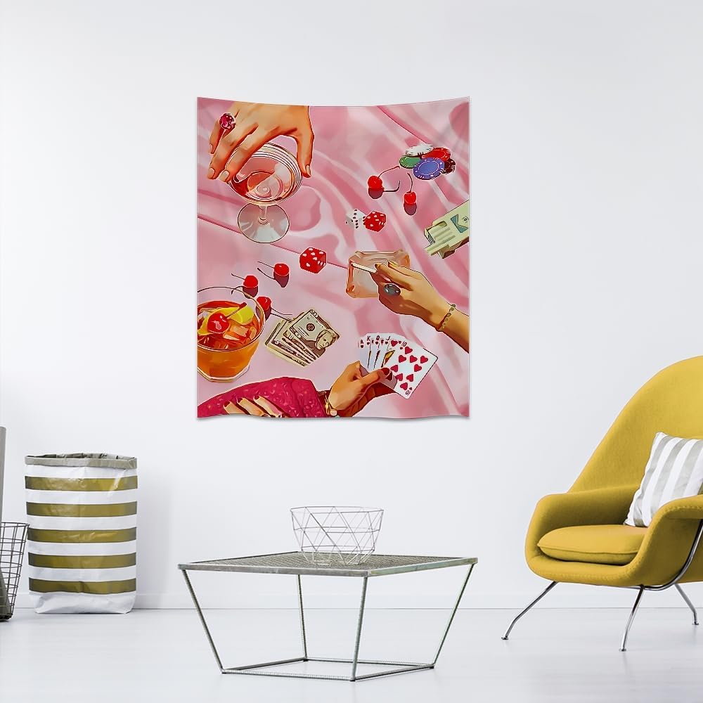 Medpol Retro Casino Night Tapestry Pink Poker Dice Cocktail Wall Hanging Vintage Gambling Aesthetic Decor Tapestries Unique Boho Home Accent Piece for Bedroom Living Room 40x60inch