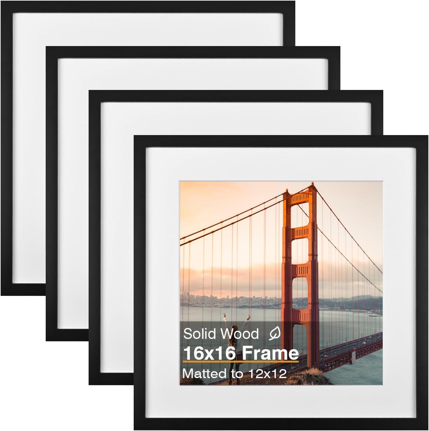 KINLINK 16x16 Picture Frame, Black Square Solid Wood Frames for Pictures 12x12 with Mat or 16x16 without Mat, Wall Display Photo Frames Black 1 Pack