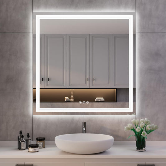 ISKM 36'' x 36'' LED Mirror for Bathroom Lighted Vanity Mirror for Wall Front Lights + Backlit LED Bathroom Mirror Anti-Fog Tempered Glass ETL Listed