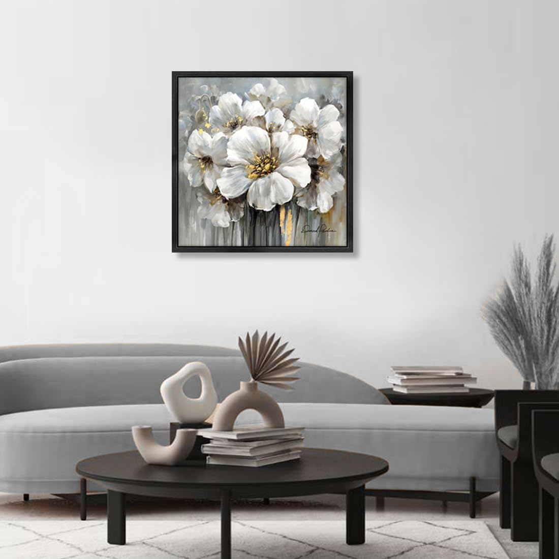 Framed Flowers Canvas Wall Art, 24W x 24H inch, White Floral and Black Frame