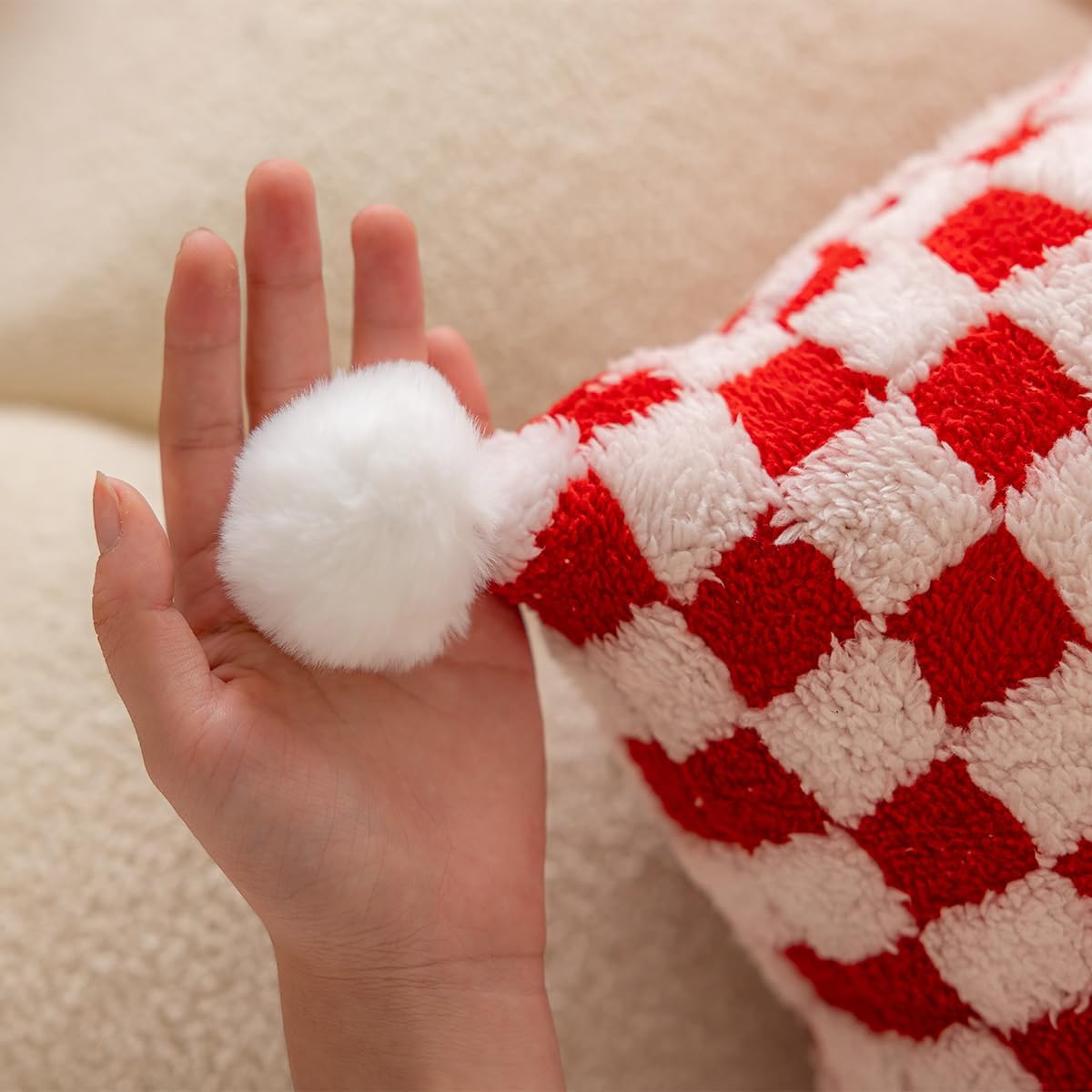 Faux Fur Plush Decorative Throw Pillow Covers with Pom Poms 18x18 Square Soft Christmas Checkered Pillow Covers for Couch Set of 2 Red x2