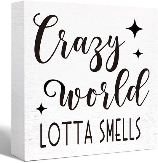 Funny Crazy World Lotta Smells Wood Block Sign for Shelf, Tabletop Decor - Farmhouse Bathroom Wooden Box Sign
