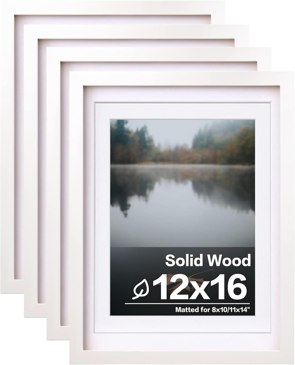 Egofine 12x16 Picture Frames Set of 4, Made of Solid Wood Covered by Plexiglass 9x12 and 11x14 with Mat or 12x16 without Mat, for Wall Mounting Photo Frame White