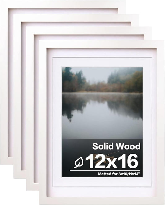 Egofine 12x16 Picture Frames Set of 4, Made of Solid Wood Covered by Plexiglass 9x12 and 11x14 with Mat or 12x16 without Mat, for Wall Mounting Photo Frame White