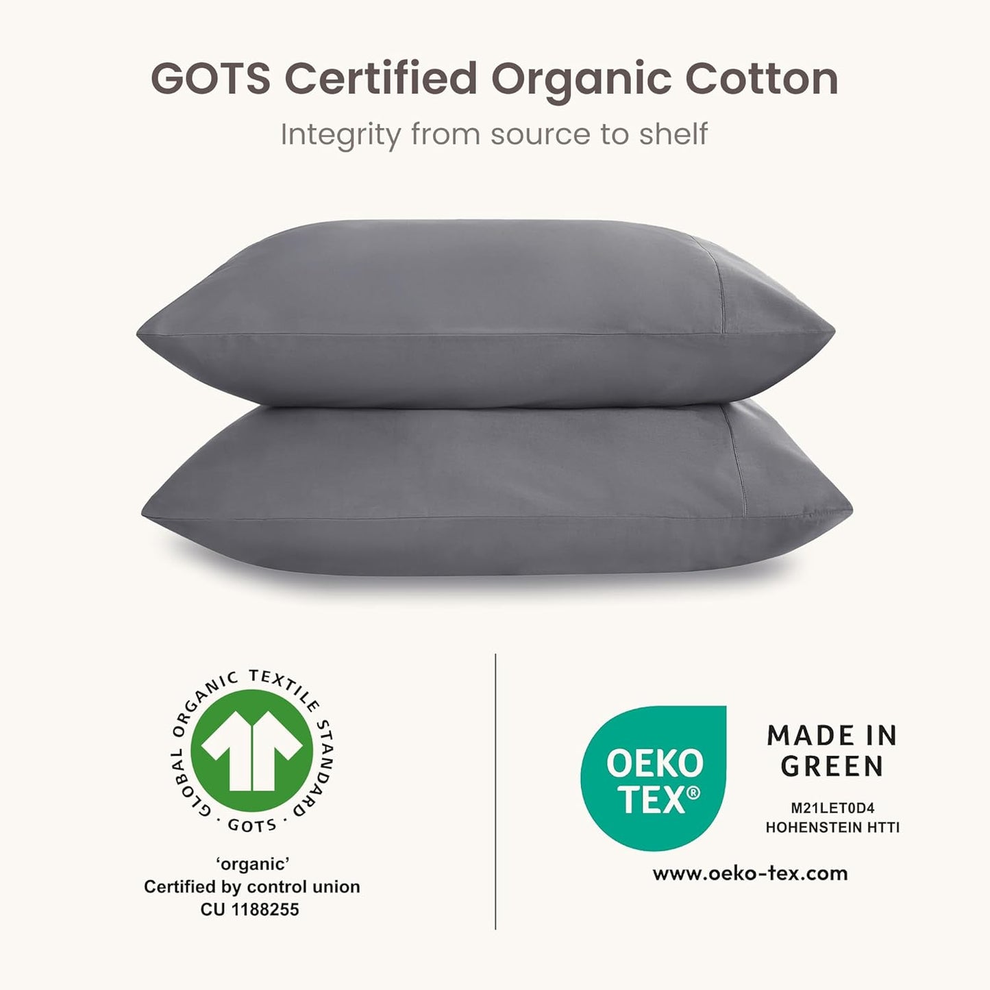 Bioweaves 100% Organic Cotton Envelope Pillow Cases 300 Thread Count Soft Sateen Weave GOTS Certified – 20 X 37, Set of 2, Grey
