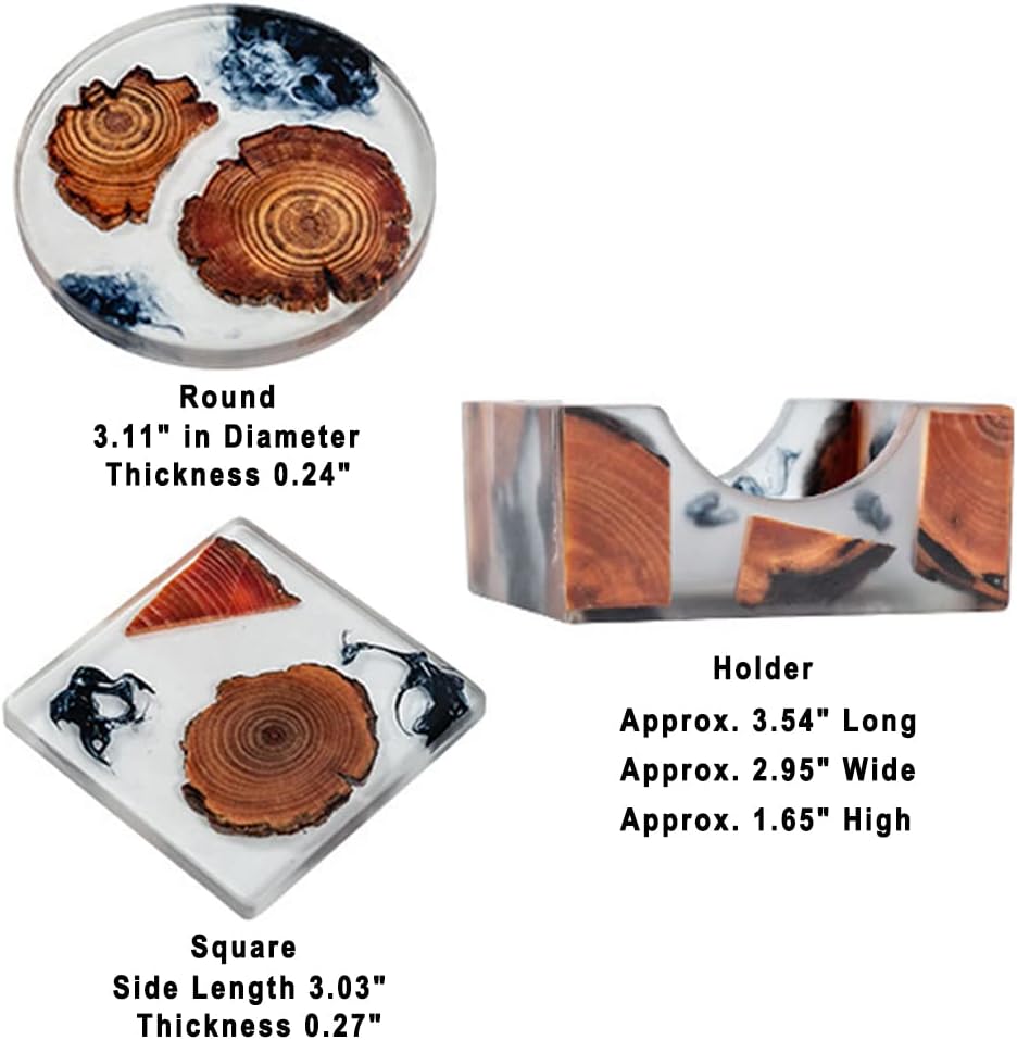 DIYOMR Set of 6 Wood Coasters with Holder, Resin Epoxy Coaster for Drinks, Cool Coaster Art for Home Office Coffee Bar Table Protection Decor (6 Square Set with Holder)