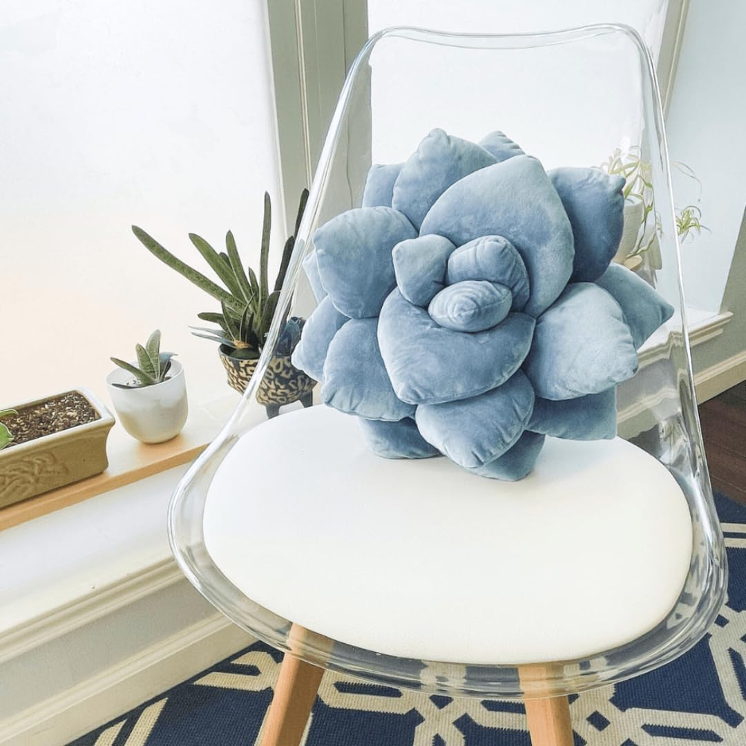 Green Philosophy Co. Succulent® Pillow 16" – Soft 3D Decorative Flower Throw Pillow, Unique Smokey Blue Plush Flower Cushion, Perfect for Couch, Sofa, Bedroom Decor, Gift for Plant Lovers