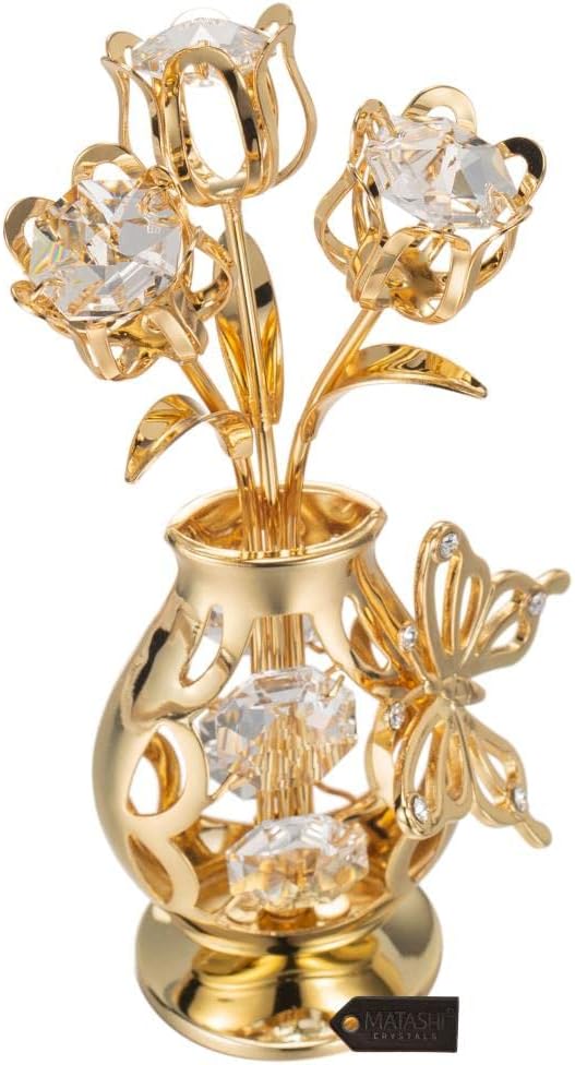 Matashi 24K Gold Plated Crystal Studded Flower Ornament in a Vase with Decorative Butterfly – Elegant Tabletop Showpiece Unique GIF for Mom, Wife, Grandma – Mother’s Day, Birthday