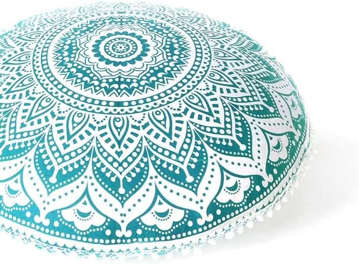 Eyes of India - 32" Green White Round Colorful Floor Patchwork Pillow Cover Meditation Cushion Seating Throw Mandala Hippie Bohemian Accent Boho Chic Dog Bed Indian Handmade Cover ONLY