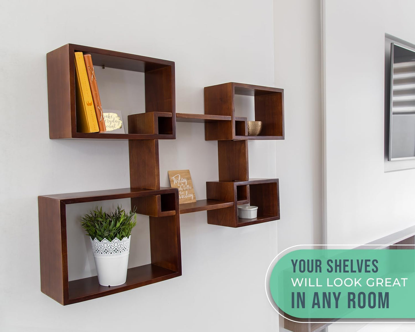 Comfify Modern Wall Mounted Square Shaped Floating Shelves – Set of 5 Square Shelves for Bathroom, Bedroom, Living Room & More – Rustic Wall Decor Display for Home - Brown