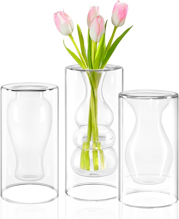 ZENS Unique Clear Small Flower Vase Set of 3, Modern Floating Decorative Vases, Double Hollow Cool Glass Vases, Hand Blown Bud Vases for Home Small Bouquet, Wedding Centerpieces