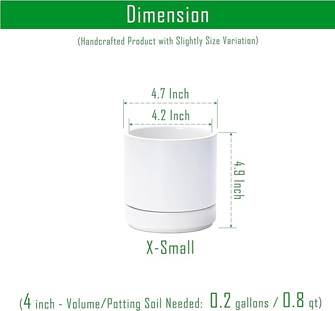D'vine Dev 4.7 Inch Ceramic Planter Pot with Drainage Hole and Saucer, Indoor Cylinder Round Planter Pot, White, 94-O-B-1