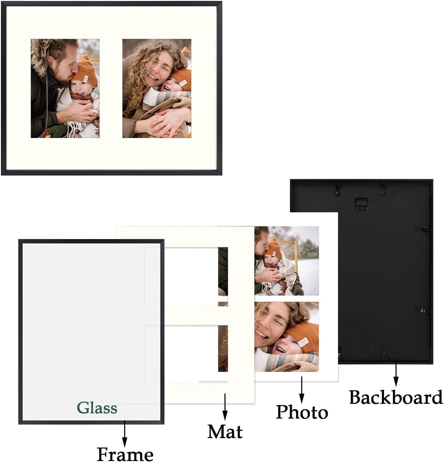 Frametory - 11x14 Aluminum Collage Picture Frame - Display 5x7 Pictures with 2 Openings Mat - Real Glass Front - Horizontal/Vertical Wall Mount - Black 1 Pack