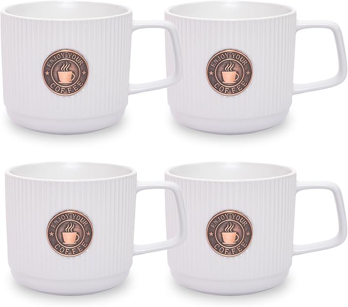 Topadorn Ceramic Coffee Mug 13 Oz Embossment Cups for Latte, Hot Tea, Cappuccino, Mocha, Cocoa, Office Coffee Mug with Gift Box, Set of 4