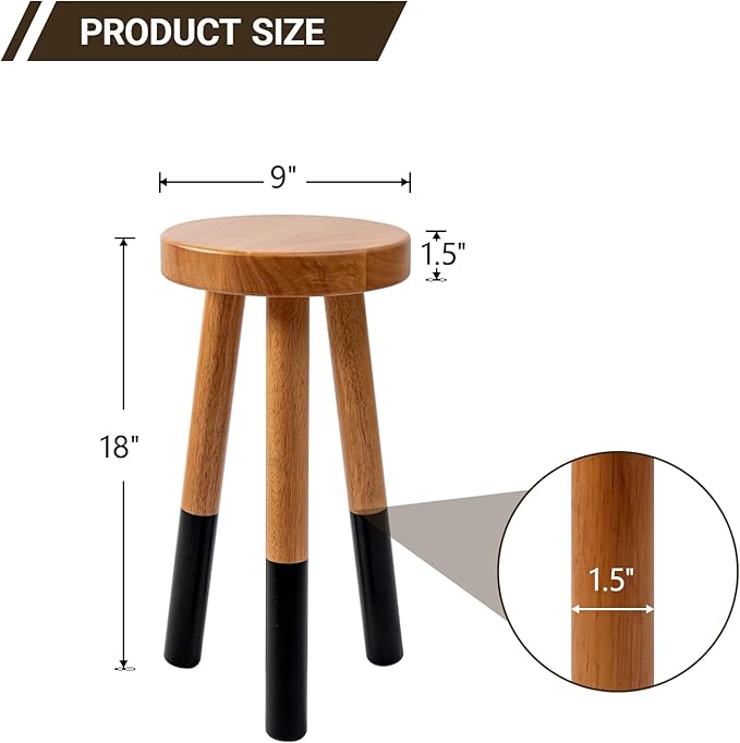 Rubber Wood 9" Round Plant Stand |Dip Dyed Black Accent Stool |Small Drinking Table |Side Table(18" H)