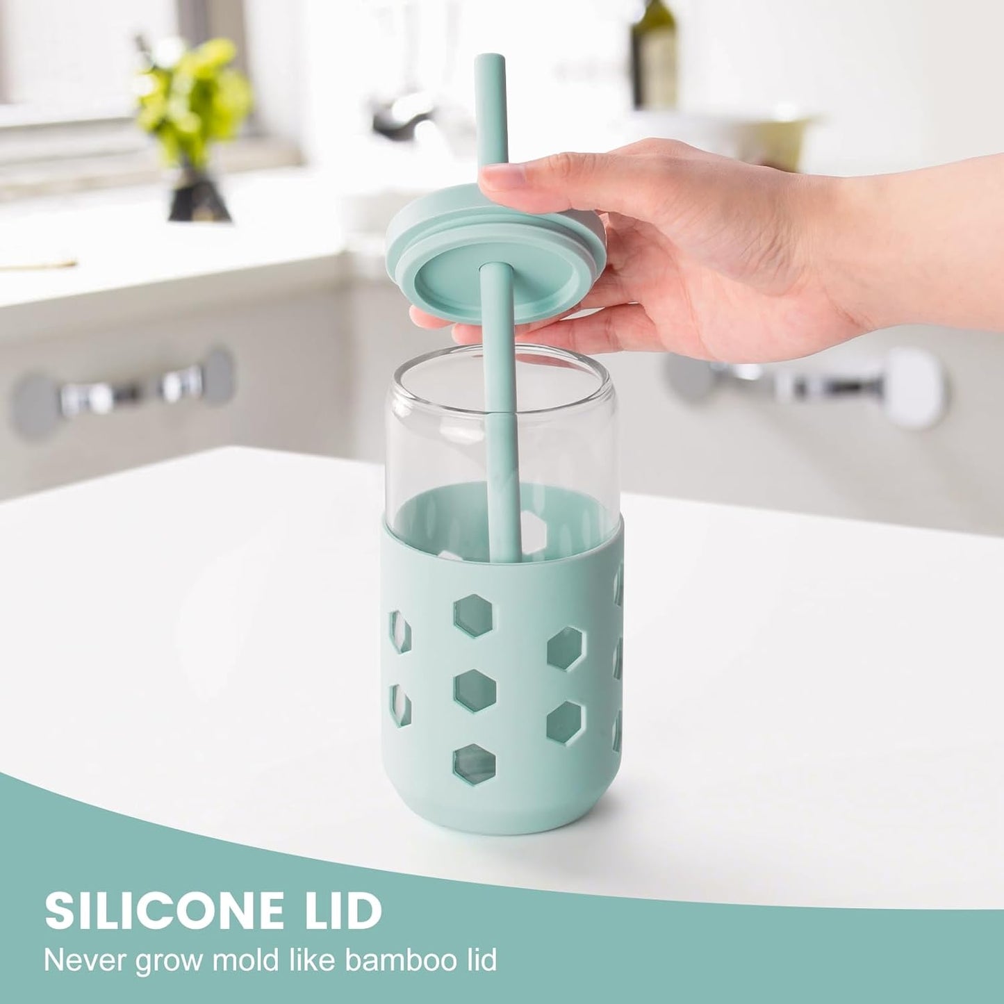 Glass Cups with Silicone Lids and Straws (4 Pcs), 16oz Drinking Glasses Set with Silicone Sleeves for Coffee Bar Accessories Iced Coffee Cups with Lids, Glass Tumbler Reusable for Gifts