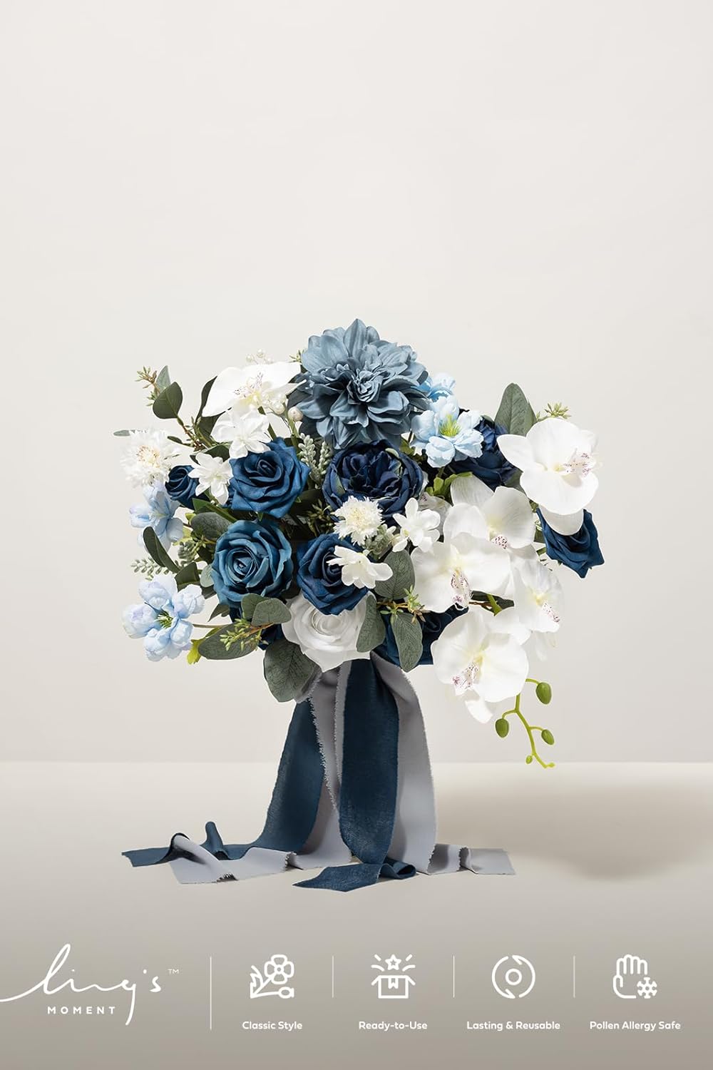 Ling's moment Navy Blue Bridal Bouquet, 13 Inch Wedding Bouquets for Bride, Silk Free Form Bridal Bouquets for Wedding, Ceremony, Anniversary, etc.