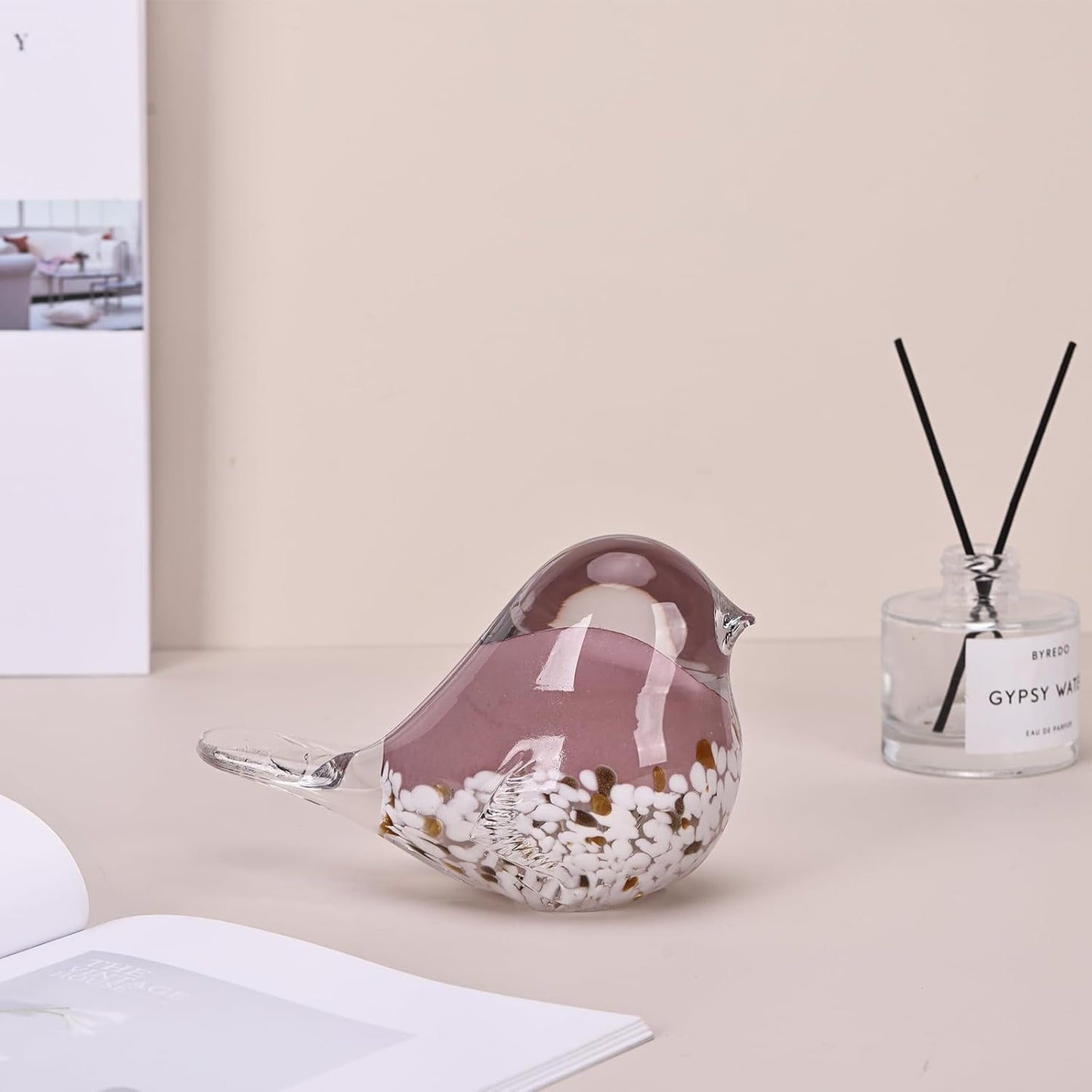 DOVDOV Hand Blown Glass Bird Statue Home Decor, Small Pink Glass Art Bird Sculpture for Office Desktop, Dresser entryway Decorative Ornament and Paperweight.