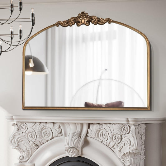 Gold Antique Arched Mirror, Victorian Bronze with Full Matel Frame, Wall Arch Mirror for Entryway/Bathroom/Fireplace 36"X30"