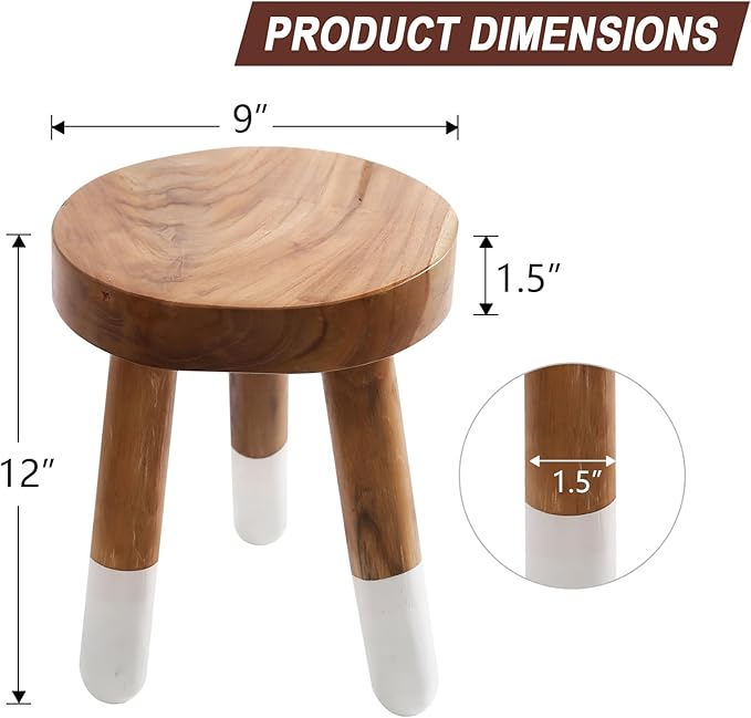 Teak 12" Round Dip Dyed Wood Plant Stand | Wood Accent Stool | Bath Stool | Milking Stool (12" Tall White)