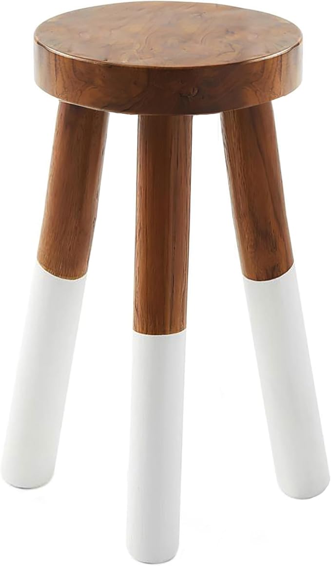 Teak 11.8" Round Dip Dyed Teak Stool | Wood Accent Side Table | Wood Plant Stand (24" Tall White)