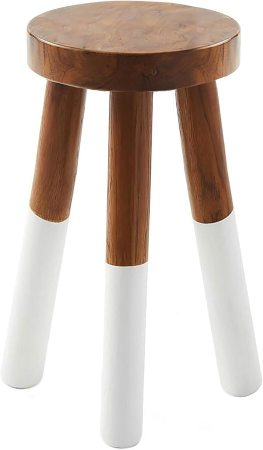 Teak 11.8" Round Dip Dyed Teak Stool | Wood Accent Side Table | Wood Plant Stand (24" Tall White)