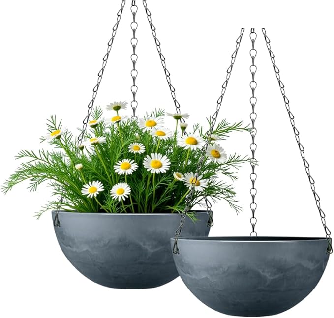 Marble Pattern 10 Inch Hanging Planter for Indoor Outdoor Plants, 2 Pack Hanging Planter Basket for Garden Home Decor Use (Gray)
