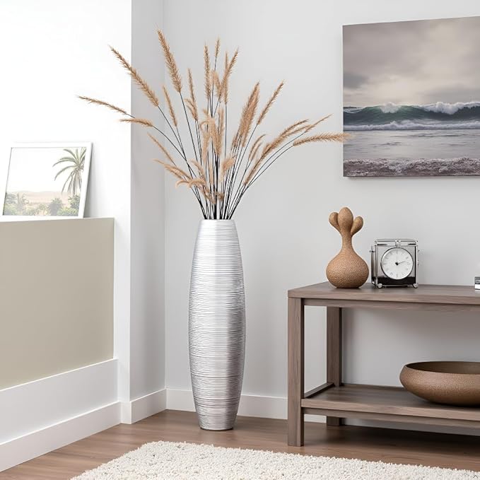 Tall Floor Vase, 27.5 inches (70cm, 2.3FT) Tall Vases Sturdy, Luxury, Textured for Decorative Branches Dried Flowers, Floor Vase for Rustic Living Room, Modern Decor, Resin Silver Vases