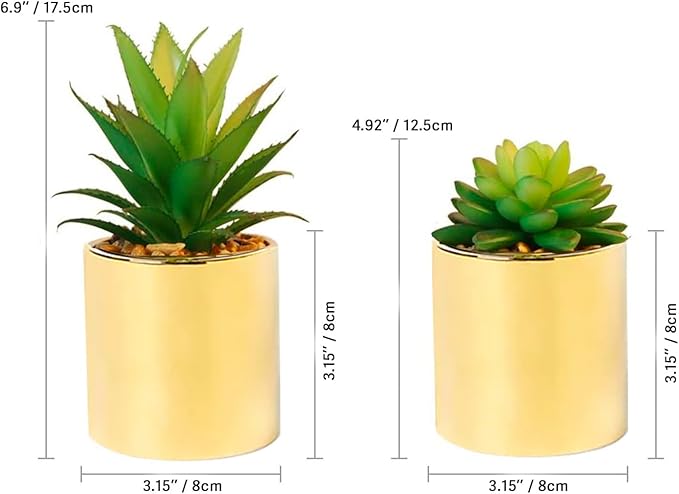 Faux Succulent Artificial Plants 7'' & 5'' in Pots Home Decoration Set of 2 Gold Pots