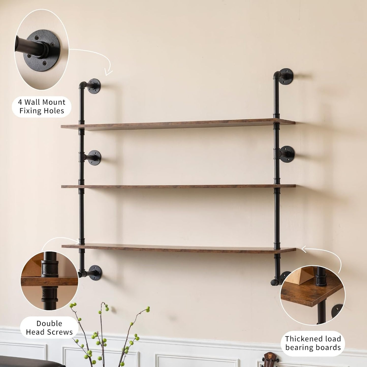 Industrial Pipe Shelving 48inch Wall Mounted, Rustic Floating Shelves with Wood Shelf, 3 Tier Farmhouse Bathroom Shelves Over Toilet, Industrial Pipe Shelf for Kitchen, Living Room Decor