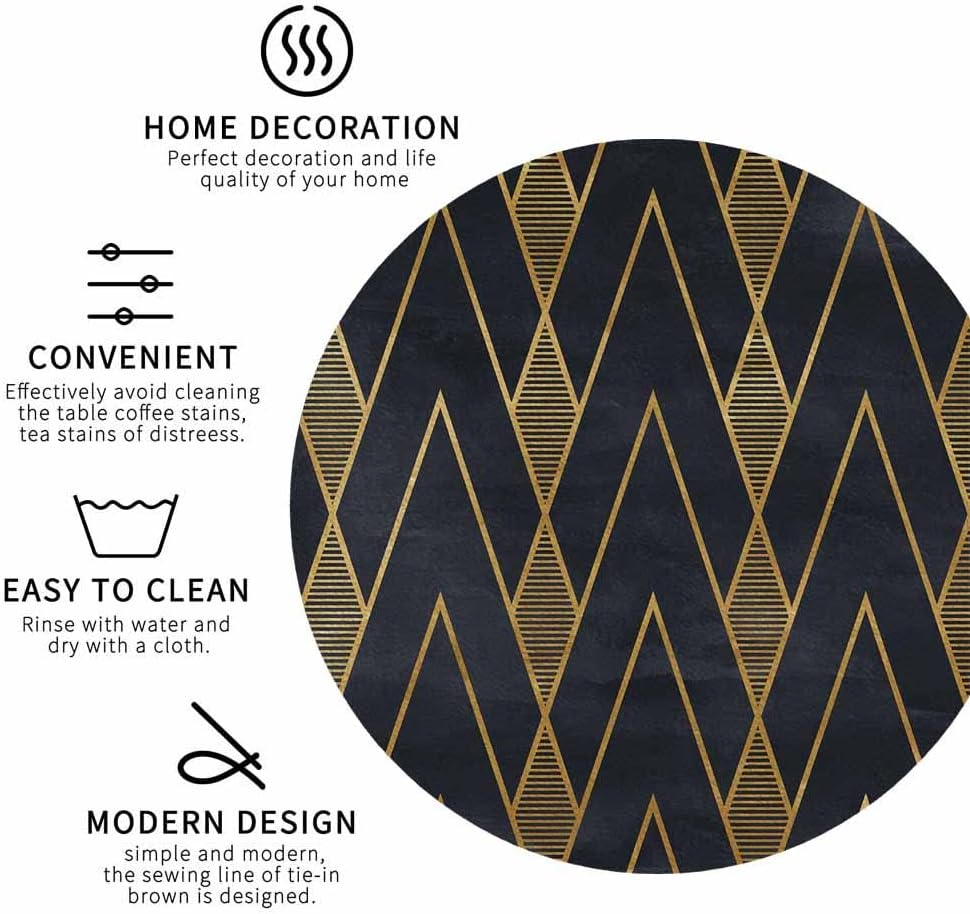 IBILIU Art Deco Coasters for Drinks,Set of 6 Leather Coaster,Golden Geometric Retro Blue Black Round Drink Coaster Cup Coasters for Home Kitchen Office Bar