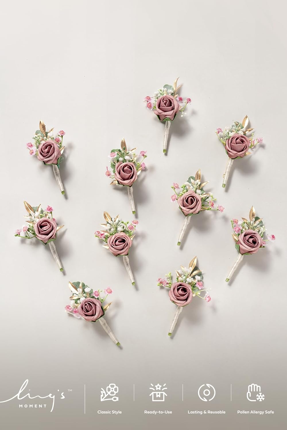 Ling's Moment Boutonniere for Men, 10pcs Groomsmen Guest Boutonniere, Artificial Flowers for Wedding Décor/Prom/Homecoming,etc.Dusty Rose Pink