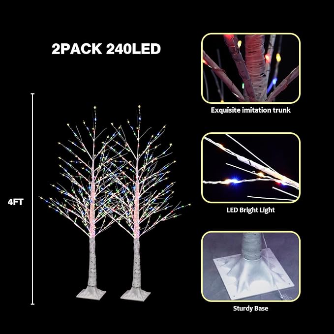 2pack 4FT 240 LED Christmas Birch Tree Multicplor Lights with Twinkle Lights, Twinkling or Steady Function for Selected, Birch Tree with LED Lights for Indoor Outdoor Christmas Tree Decorations