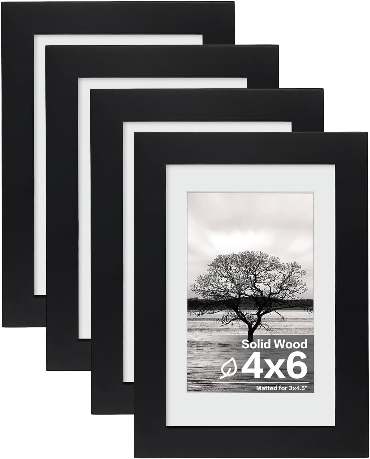 Egofine 4x6 Picture Frames Set of 4, Made of Solid Wood Covered by Plexiglass 3.5x5 with Mat or 4x6 without Mat, for Table Top Display and Wall Mounting Photo Frame Black