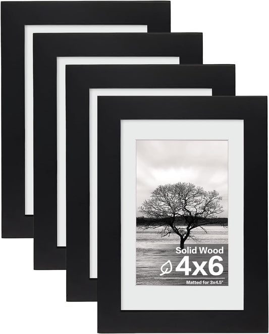Egofine 4x6 Picture Frames Set of 4, Made of Solid Wood Covered by Plexiglass 3.5x5 with Mat or 4x6 without Mat, for Table Top Display and Wall Mounting Photo Frame Black