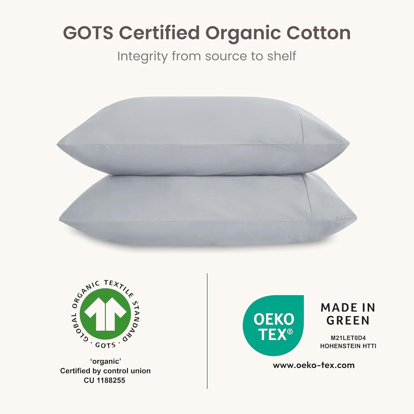 Bioweaves 100% Organic Cotton Envelope Pillow Cases 300 Thread Count Soft Sateen Weave GOTS Certified – 20 X 37, Set of 2, Shore