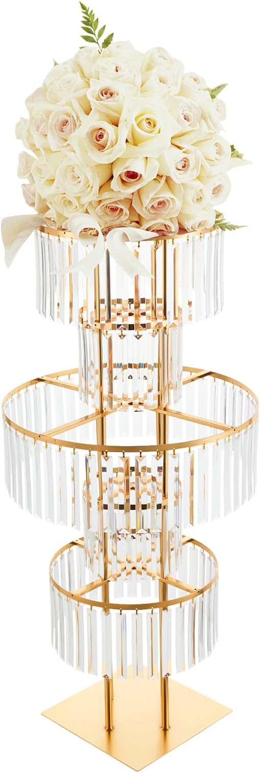 5 Tier Gold Vases Centerpieces Stands 43.3" Tall Crystal Flower Stand Wedding Flower Stand Decor Chandelier Pedestal Stand for Stage