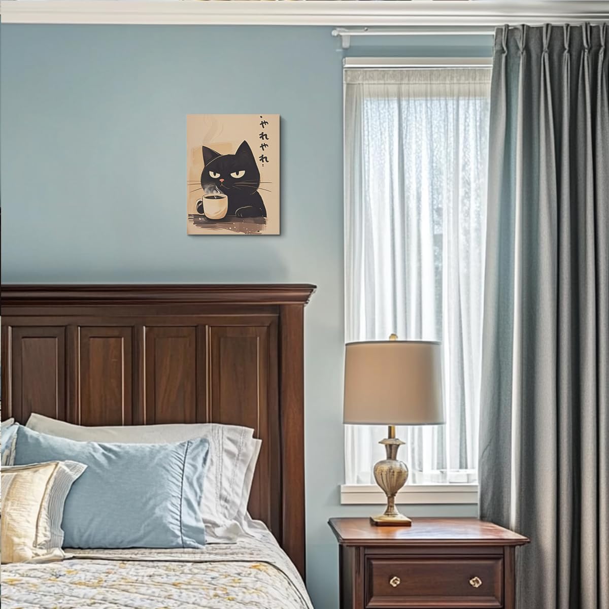 Cute Cat Canvas Wall Art, Minimalist Japanese Cat Drink Coffee Canvas Wall Art, Posters Trendy paintings Aesthetic Decoration, Artwork for Walls Home Living Room Restaurant Kitchen Coffee Bar Decor