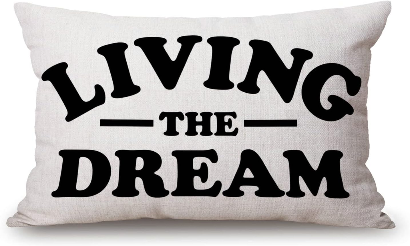 Living The Dream Waist Lumbar Cotton Linen Throw Pillow case Cushion Cover for Sofa Home Decorative Oblong 12x20 Inches